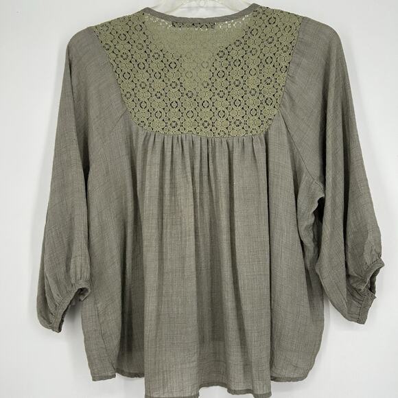 Azel Hazel Hazel Haze Boho Crop Top Green Lace Embroidered 3/4 Sleeve Size M - Picture 5 of 9